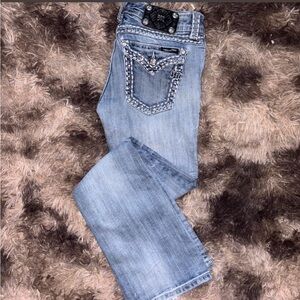 Y2K Miss Me Bootcut Jeans Size 28 – Vintage Rhinestone Pocket Denim